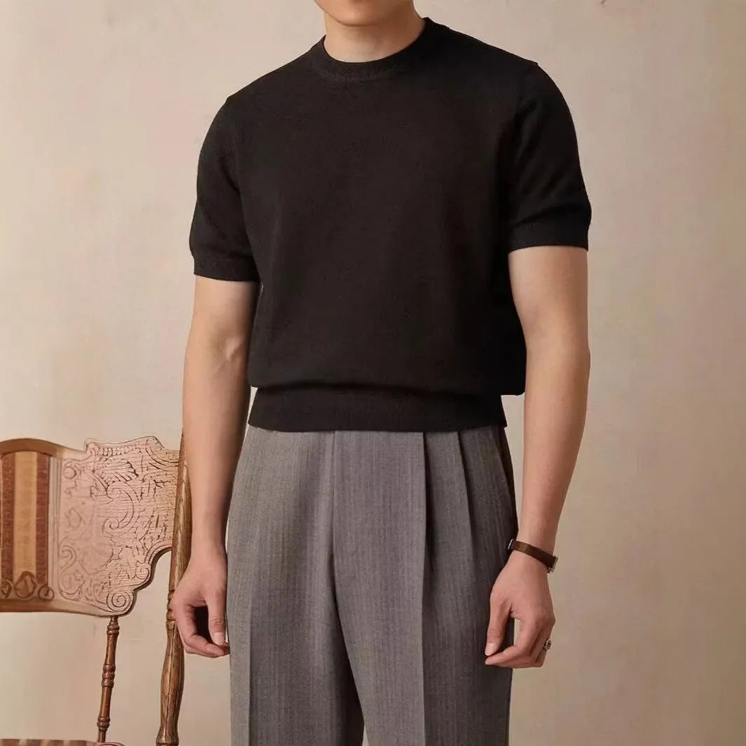 Round neck short sleeve knitted T-shirt in Tencel viscose blend available in black dark gray and white sizes XS to XXL