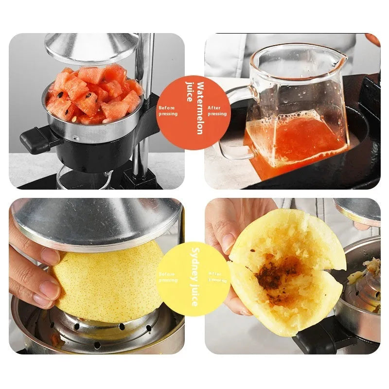 Black manual cast iron citrus juicer with stainless steel funnel on a kitchen counter.