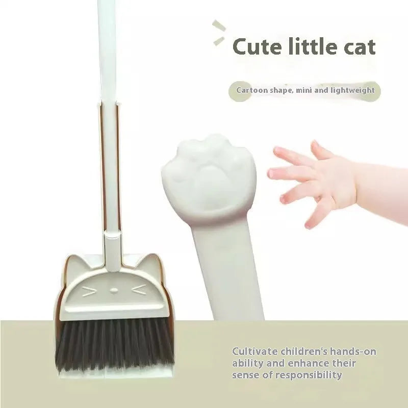Purple, green, and beige plastic broom and dustpan set with a non-stick rotating brush holder.