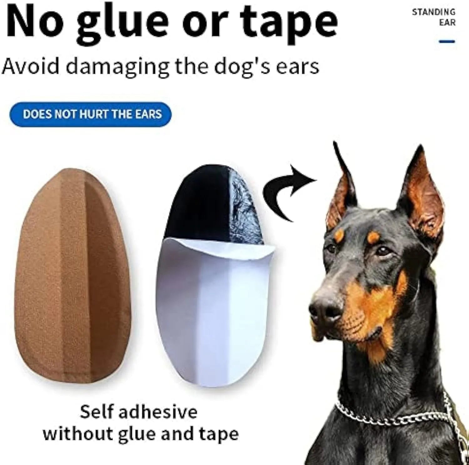 Pack of dog ear support stickers and calcium patch tape for ear correction on Doberman, Corgi, and Sheltie puppies.