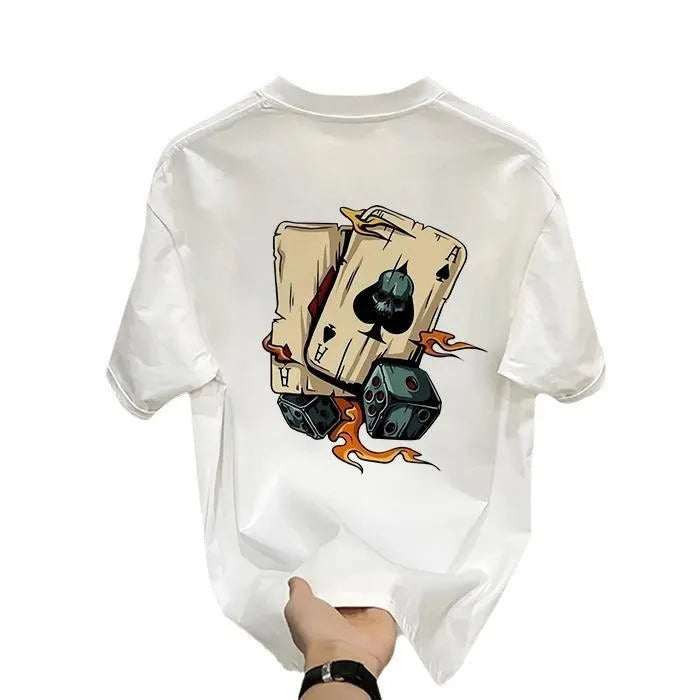 Man wearing a black printed short-sleeved cotton t-shirt, showcasing the front print design.
