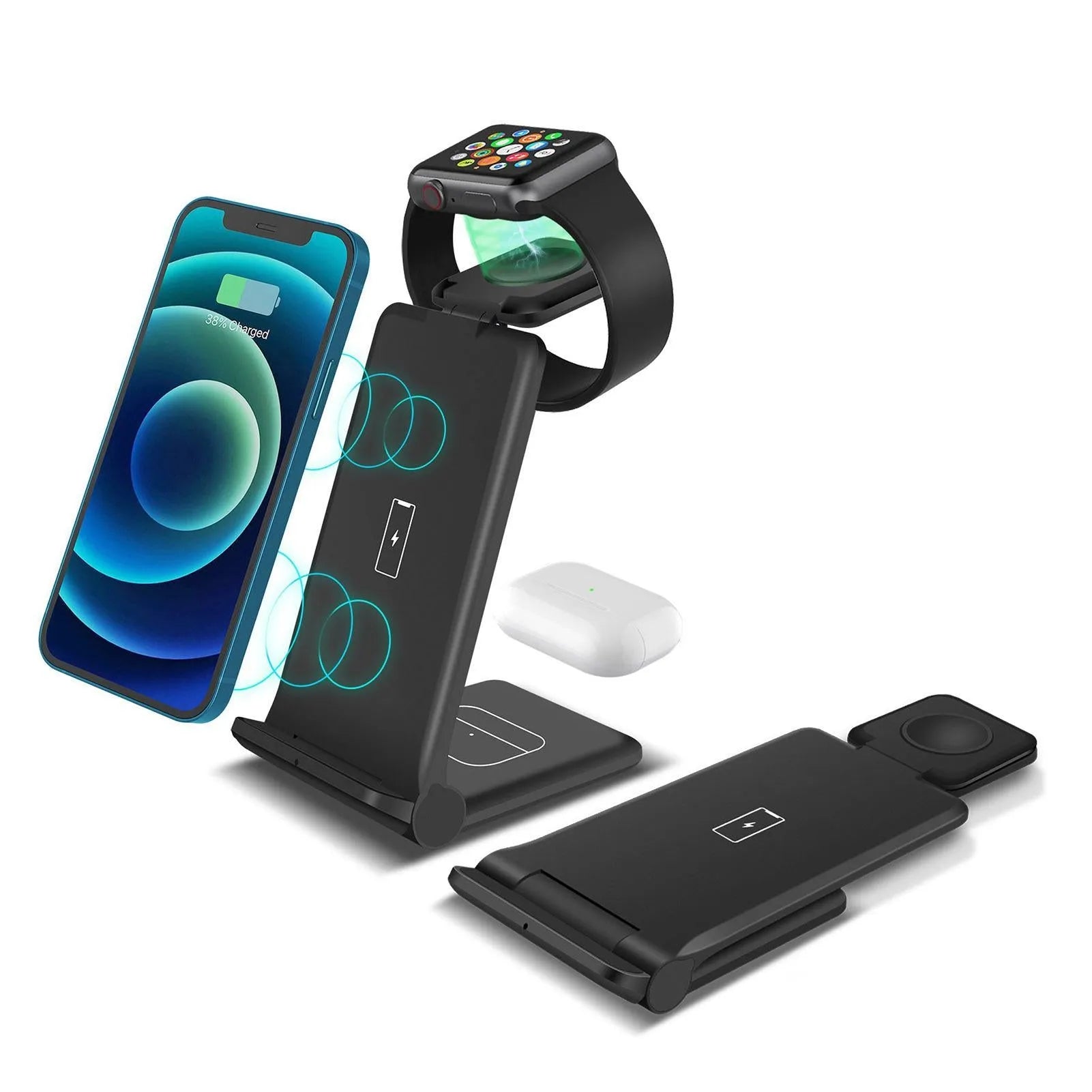 Black and white 3-in-1 foldable wireless charging station for iPhone, Samsung phone, AirPods, and Apple Watch.