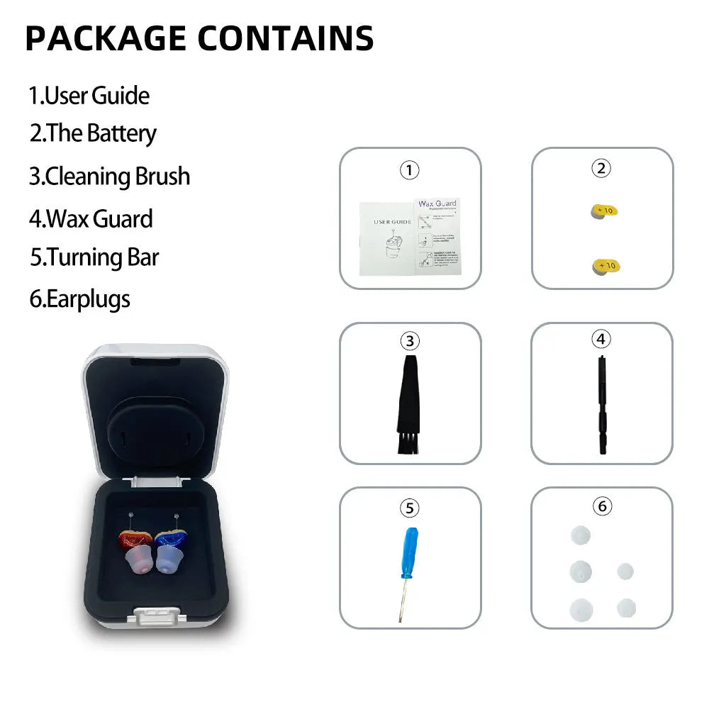 Q10 mini invisible CIC hearing aid in red or blue, showing size compared to a finger, with included earphones and batteries.