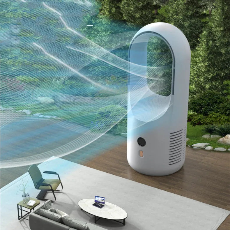 X28 bladeless desk fan showing LED display and 360-degree vent, with USB charging cable.