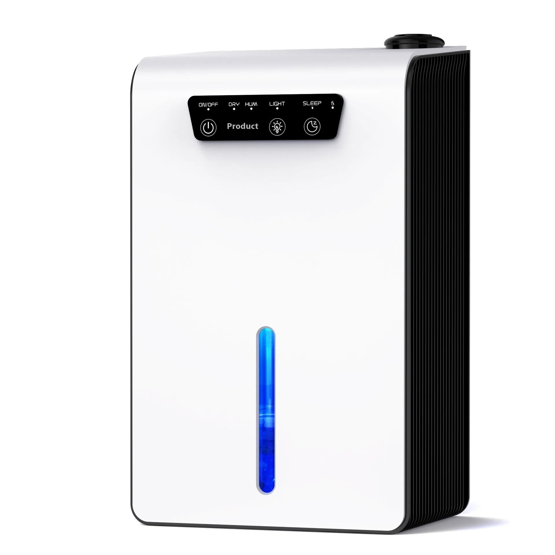Milky white small bedroom dehumidifier with absorption technology and water reservoir.