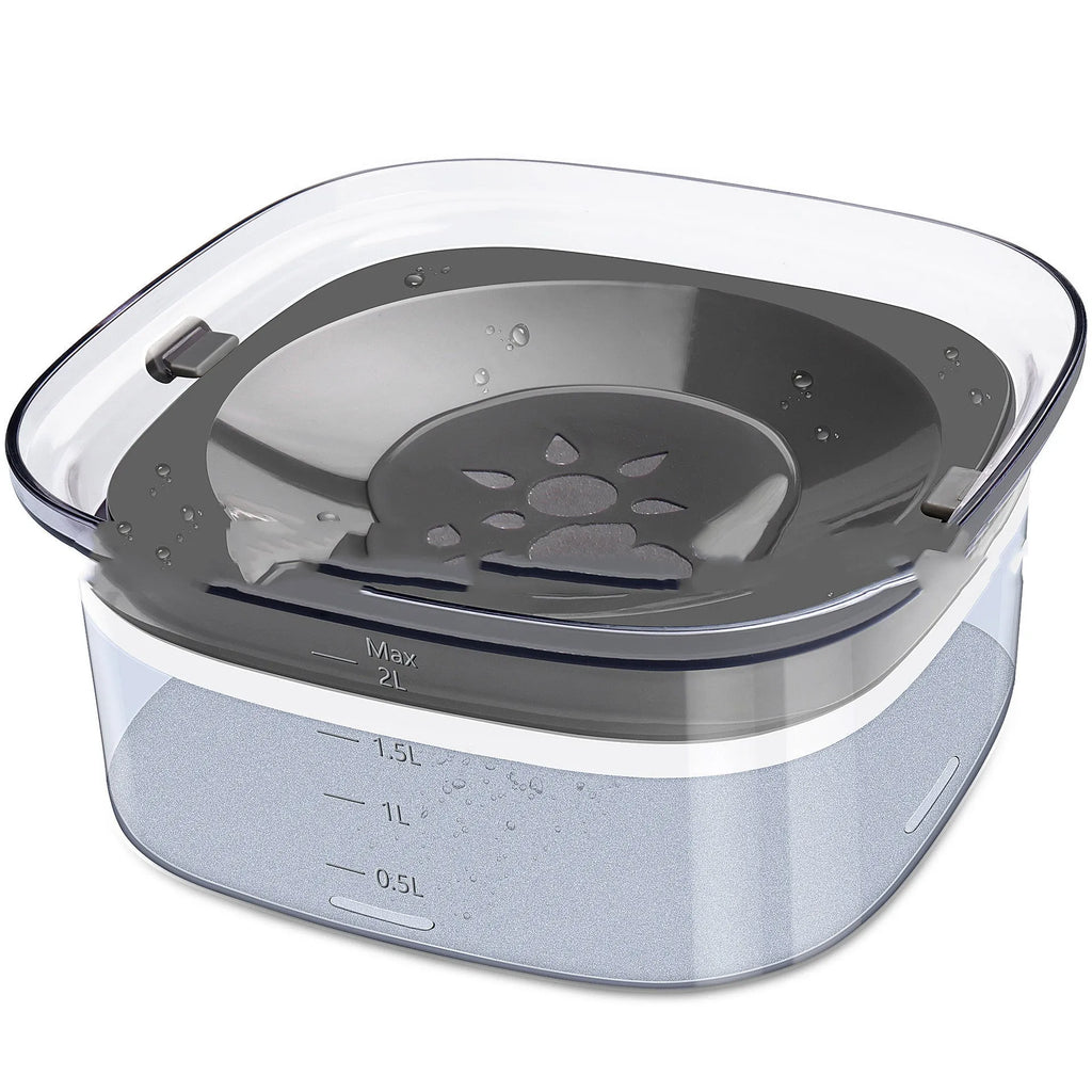 Transparent plastic pet water bowl with floating disc showing water level and non-slip base