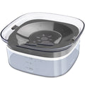 Transparent plastic pet water bowl with floating disc showing water level and non-slip base