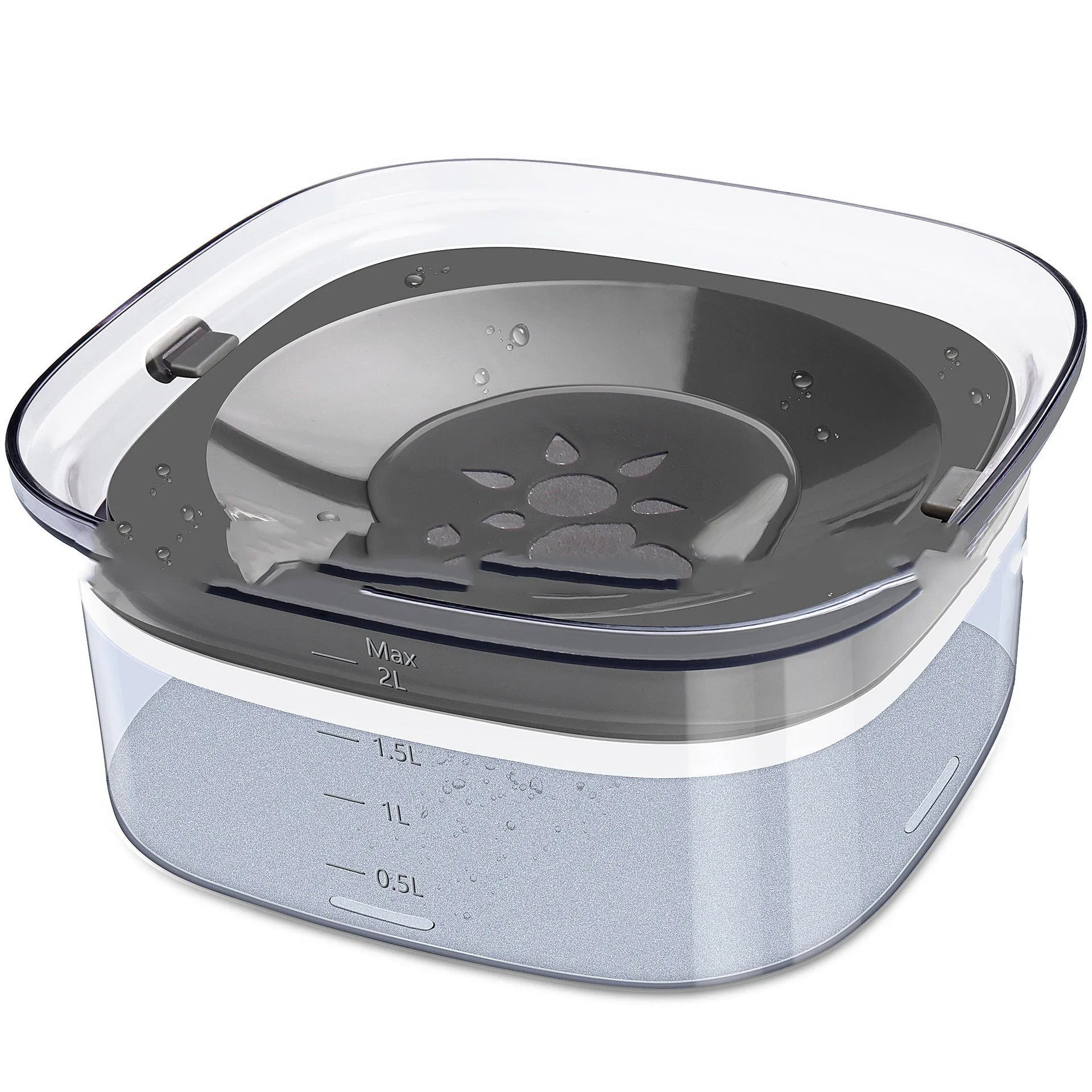 Transparent plastic pet water bowl with floating disc showing water level and non-slip base