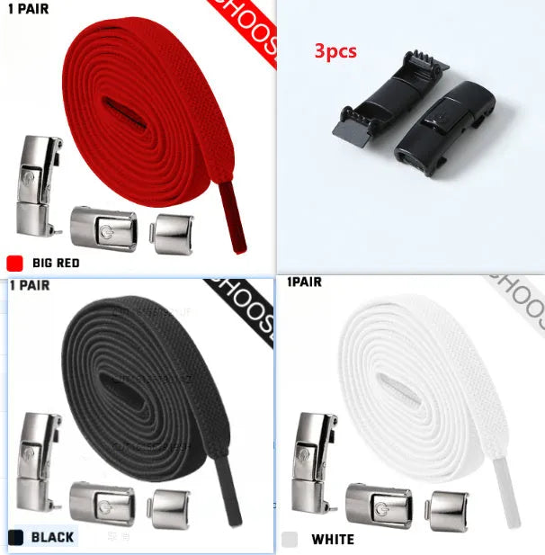Pair of black 8mm wide flat press lock elastic shoelaces for no-tie fastening on sneakers