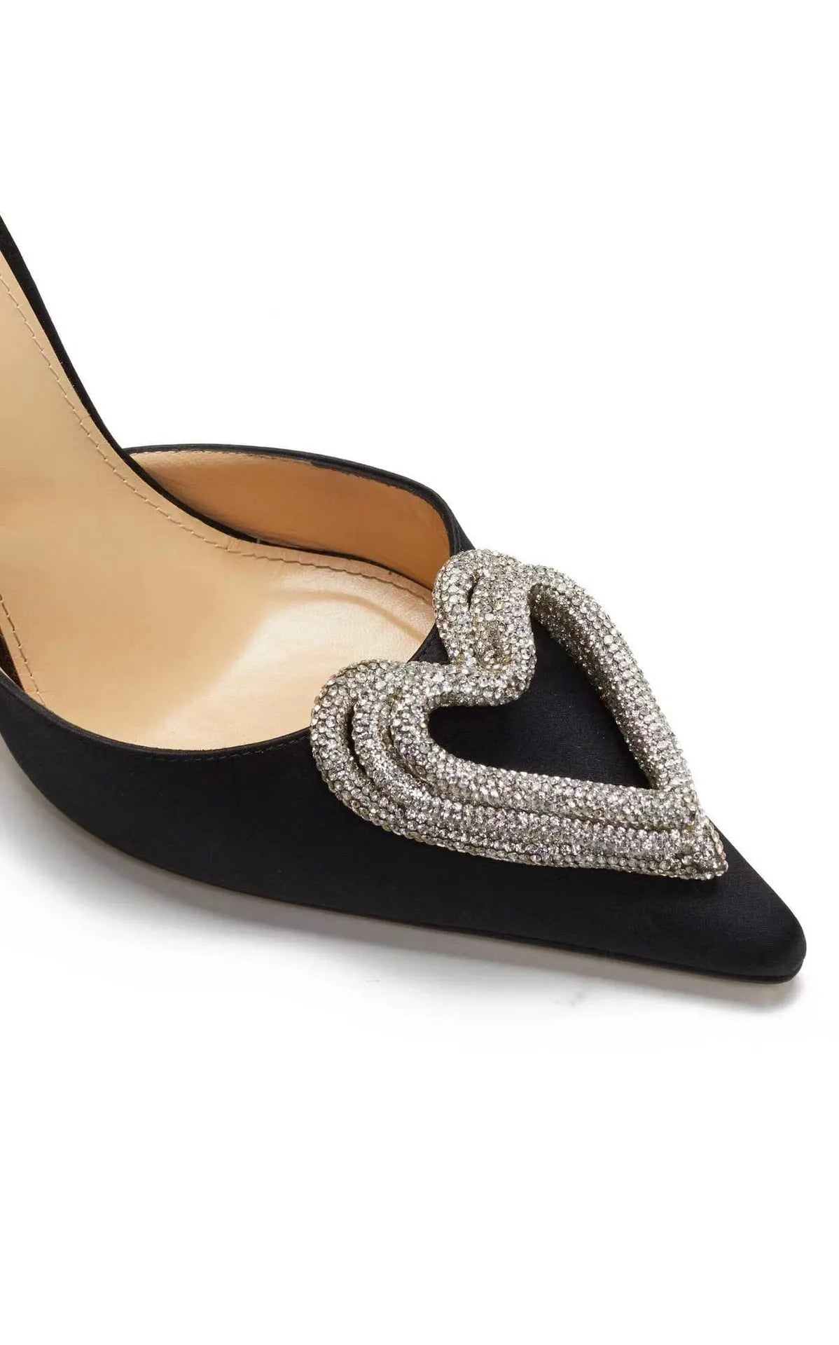 Women's satin pointed toe rhinestone sandals with 9.5cm heel and cross belt fastening in pink, black, and white