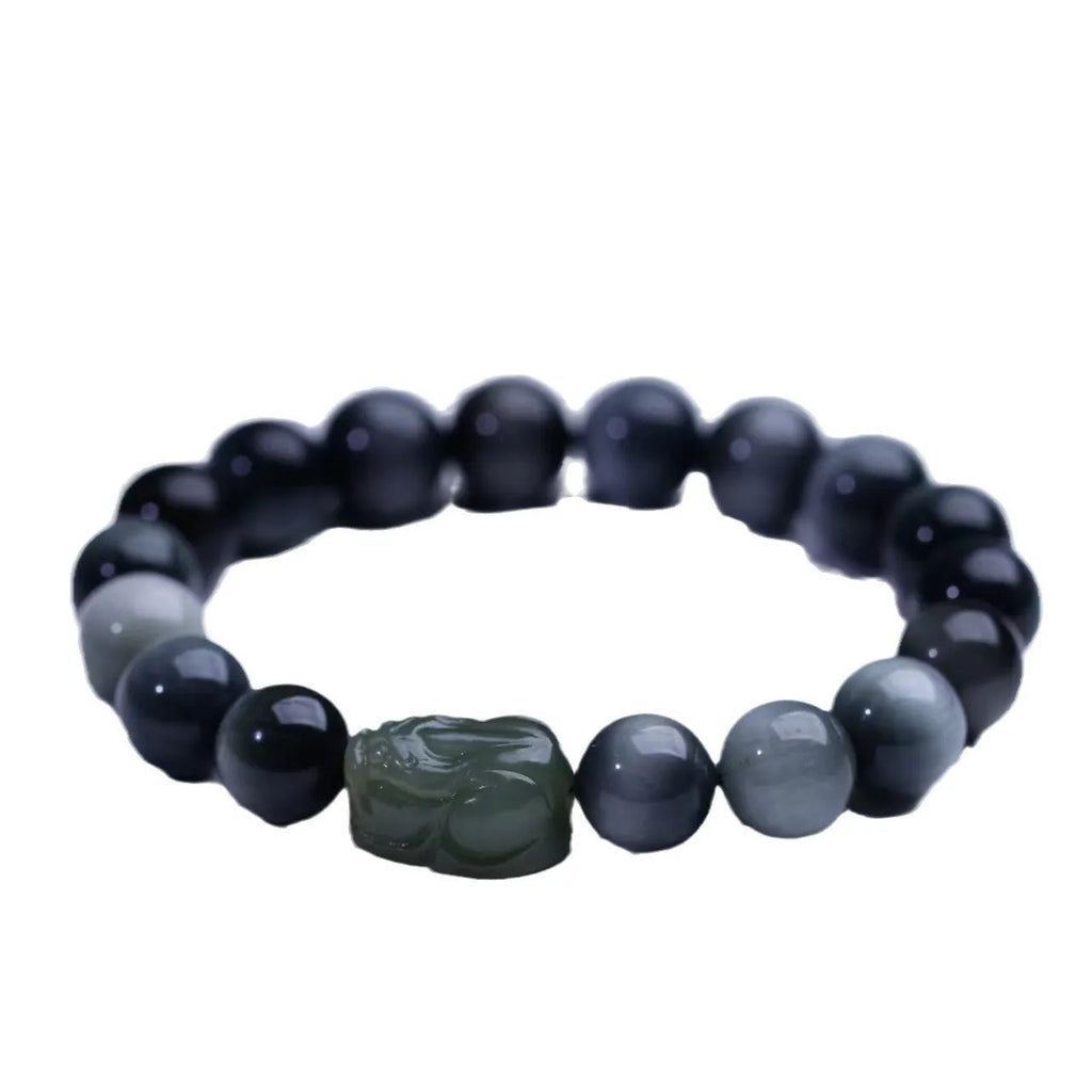 Black 10mm eagle eye stone and Hetian jade Pixiu bracelet with manual craftsmanship details