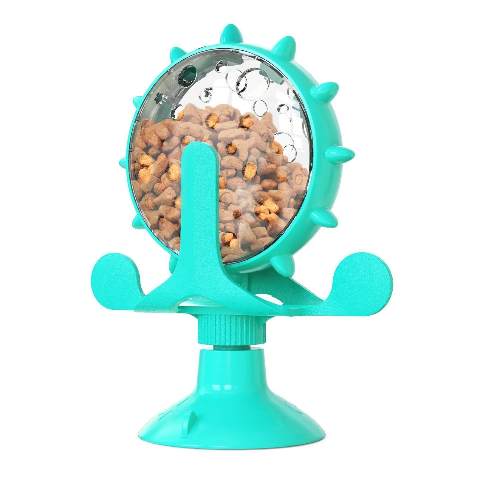 Interactive pet puzzle feeder toy with rotating food dispenser and sucker base in multiple colours
