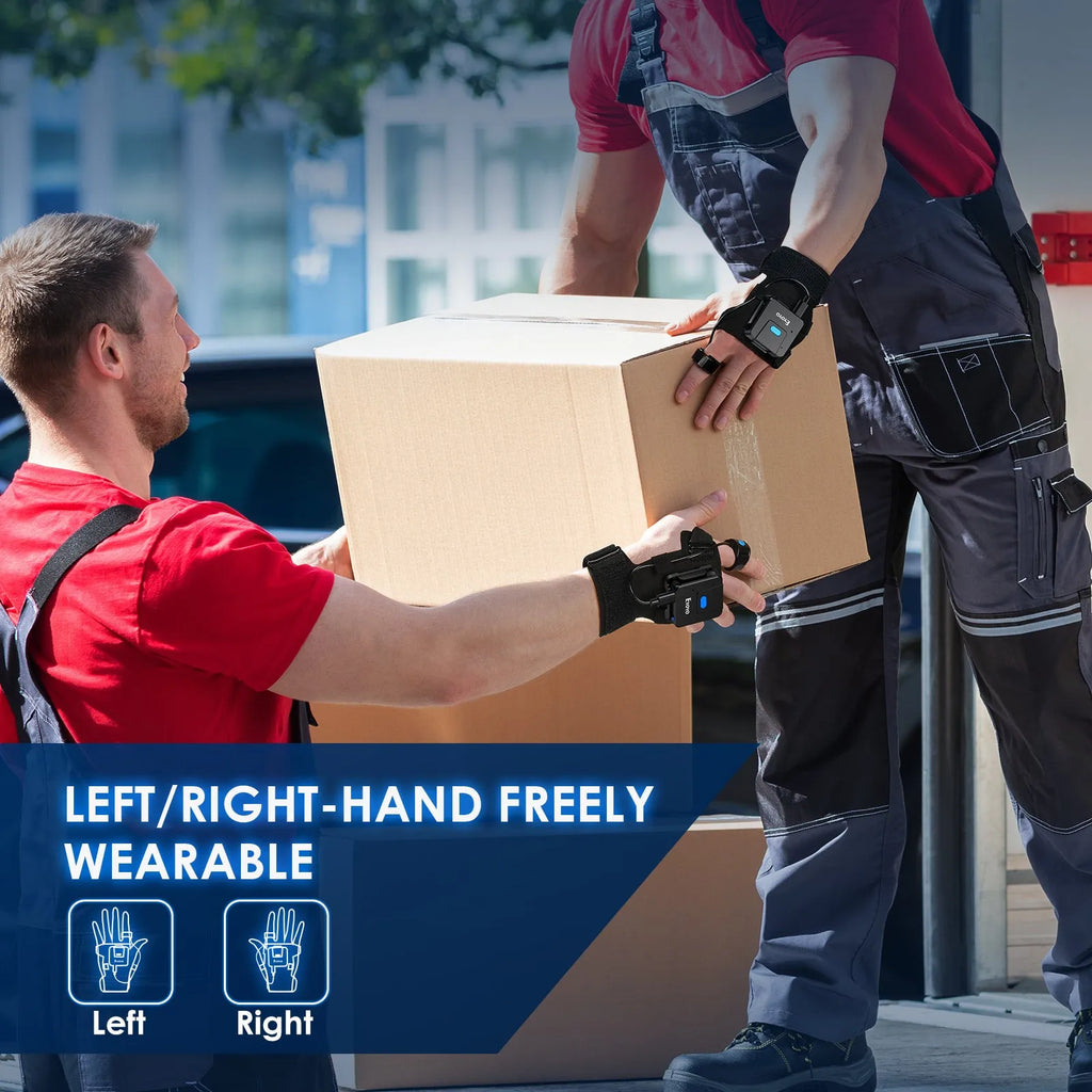 A person wearing a Bluetooth barcode scanner mounted on a wrist glove, scanning a product package.