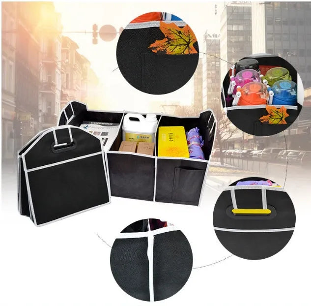 Black non-woven car storage box with three compartments and multiple pockets for vehicle organisation