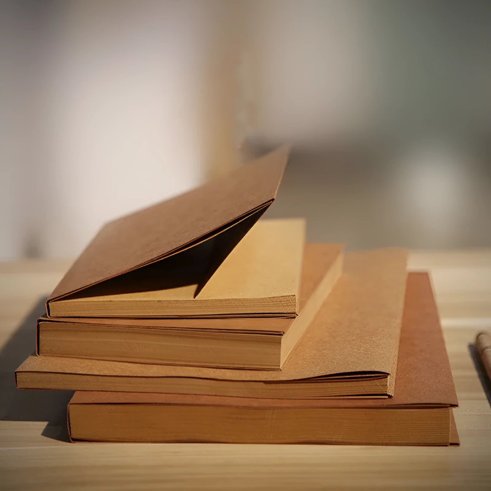 Brown and white kraft paper sketchbooks showing flat-lay wireless binding and open pages.