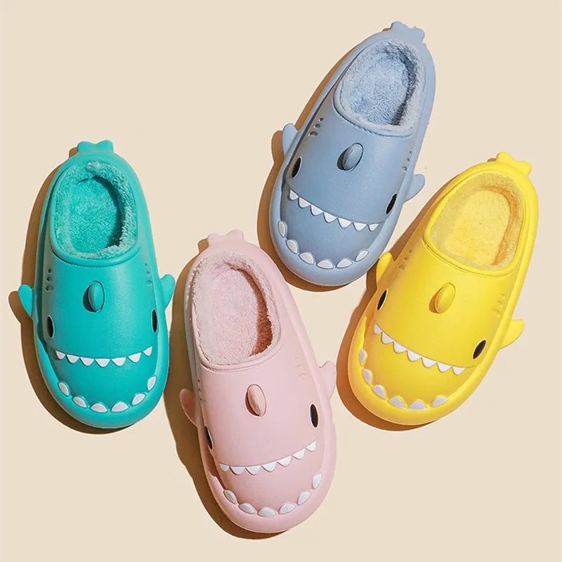 Cartoon shark EVA slippers in yellow couple colour with Baotou closed-toe style and thickened sole
