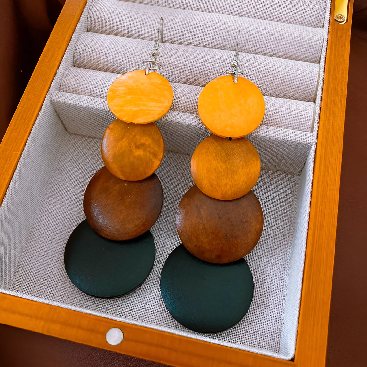 Ethnic style round wooden bead tassel earrings in coffee colour