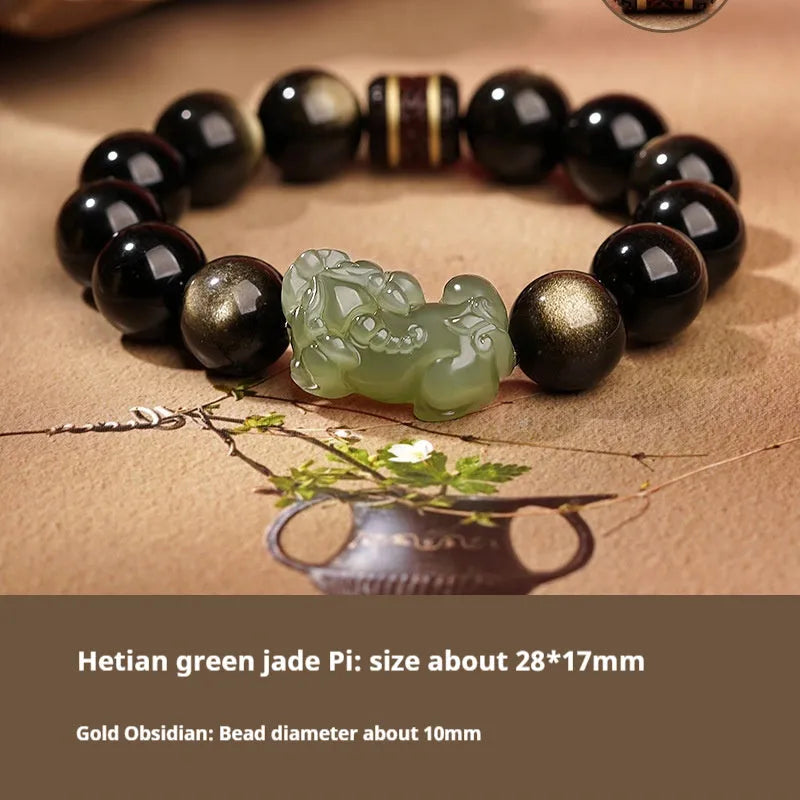 Traditional Chinese Hetian jade bracelet with black and red braided ropes and jade beads on elastic cord