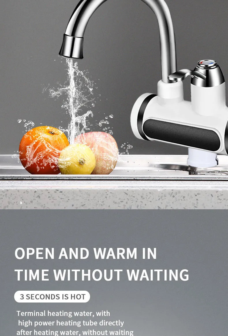 White electric instant water heater tap for kitchen sink with digital temperature display.