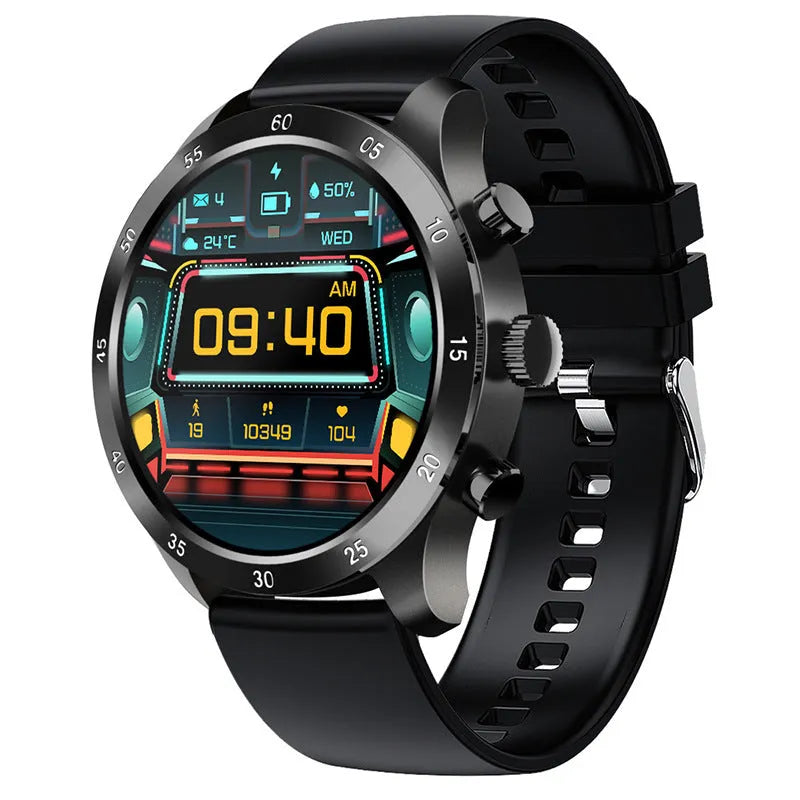 Black Bluetooth smart watch for Apple iOS with a steel strap, showing call and health monitoring functions on its display.