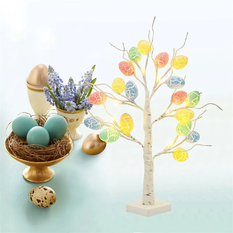 60cm white LED birch tree with black trunk details and warm white cracked egg ornaments on adjustable branches