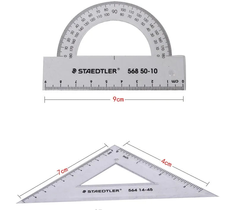 Student four-piece plastic ruler set with 15cm ruler, 30 and 45 degree triangles, and protractor in neon colours