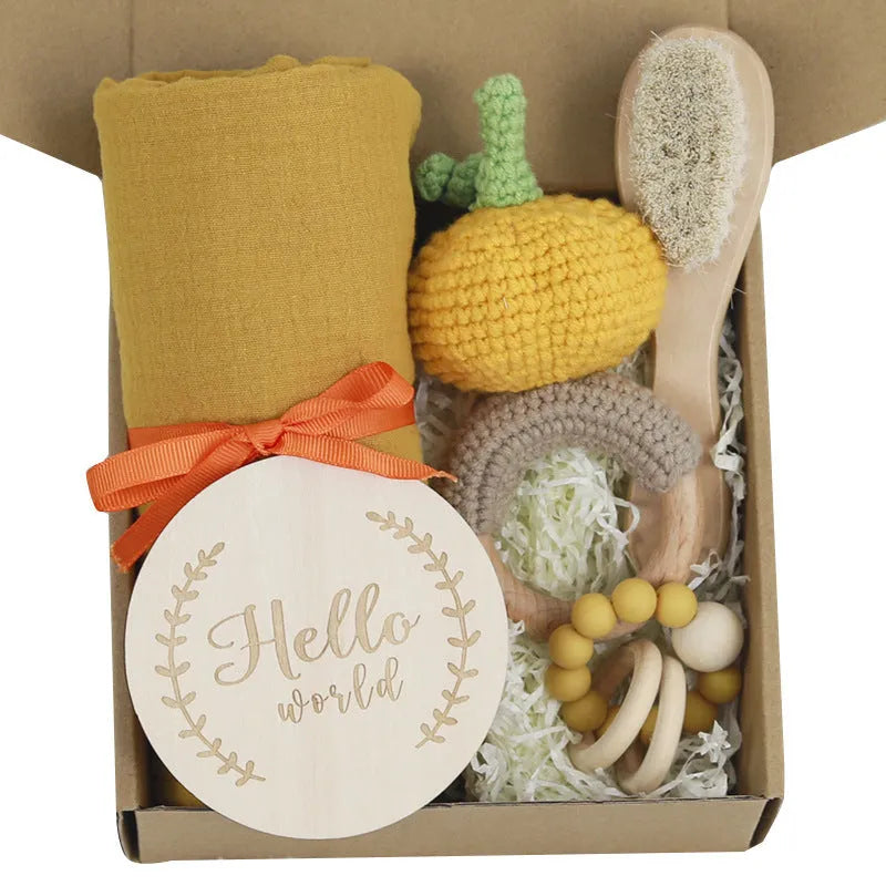 Baby teething toy gift set with bamboo cotton blanket and natural beech wood components