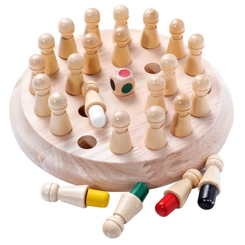 Children's wooden memory chess game with beech wood pieces on a 17cm square board for colour recognition.