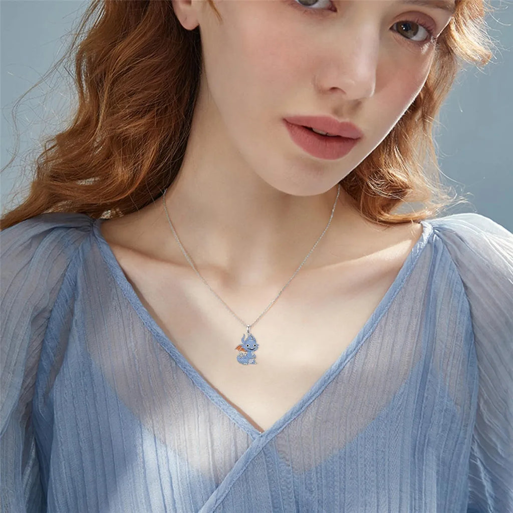 Blue zircon flying dragon pendant necklace on O-ring chain, zinc alloy, 50cm length