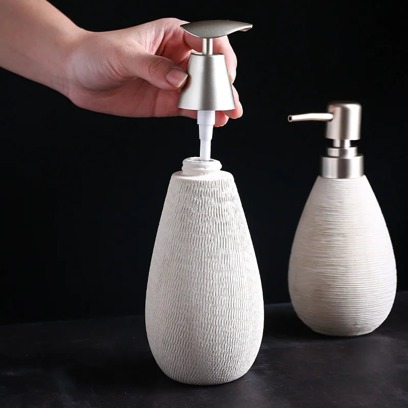 Japanese retro ceramic shower gel bottle with brushed finish in white colour, pump dispenser for bathroom use