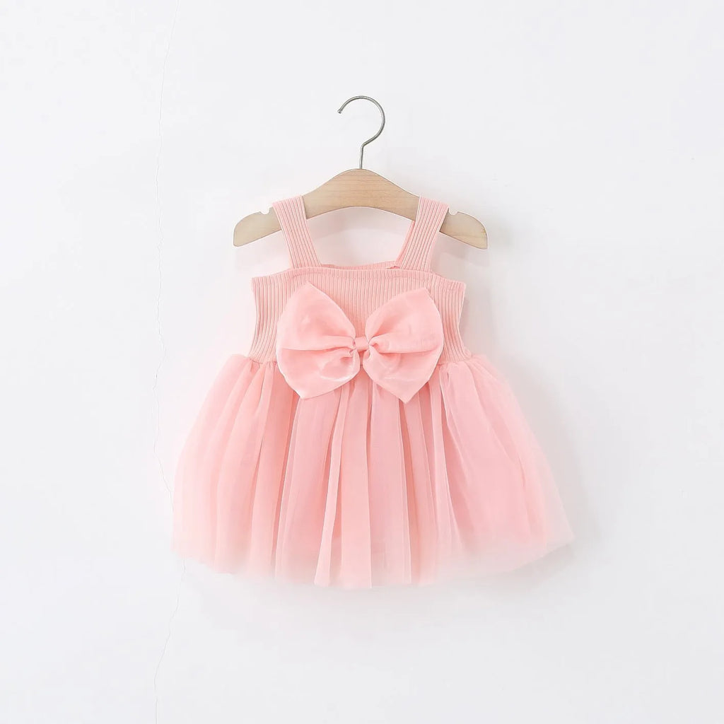 Girls' sleeveless polyester summer dress in solid colour sling style, pink option