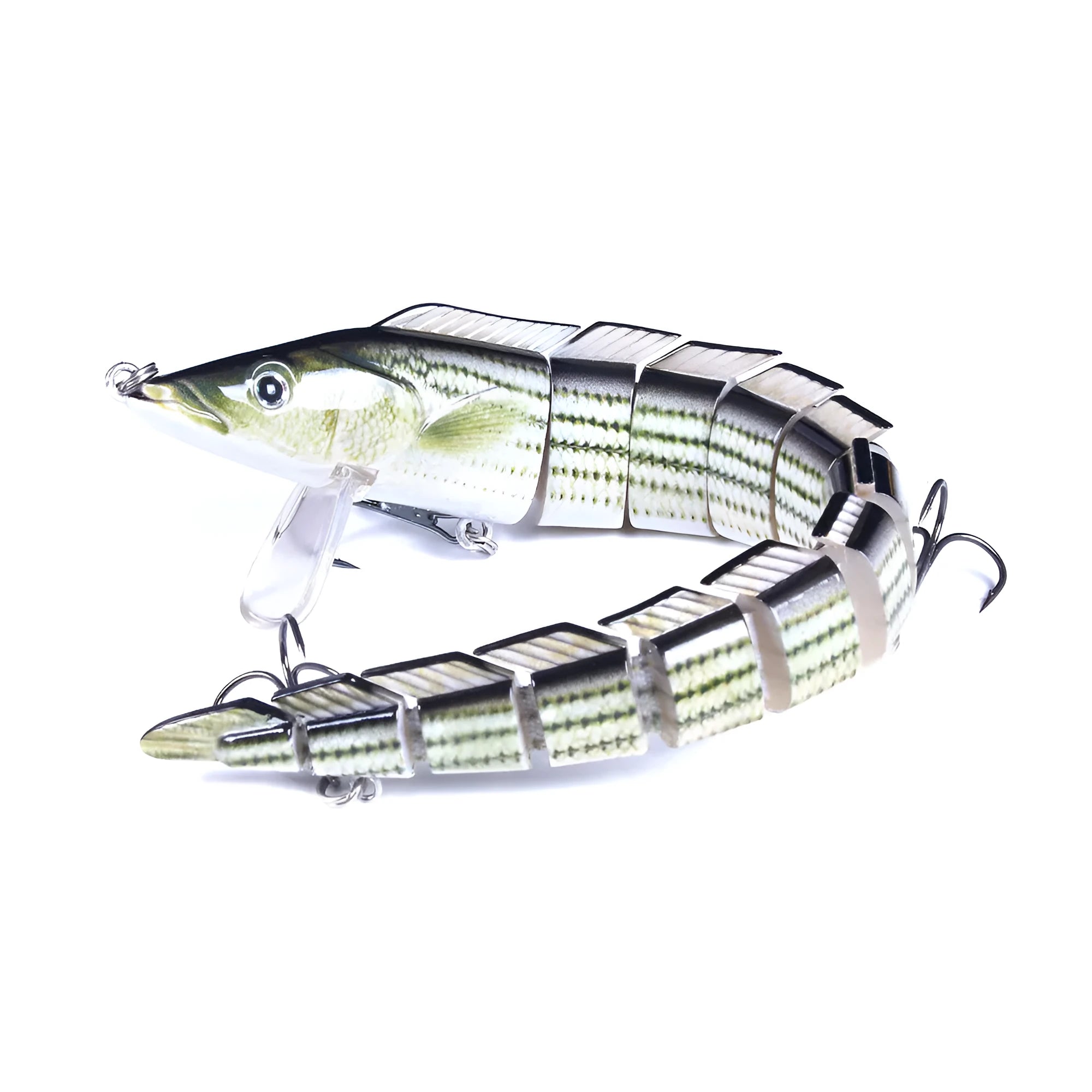 Multi-segment soft fishing lure mimicking a loach, shown in a realistic colour pattern with a visible hook.