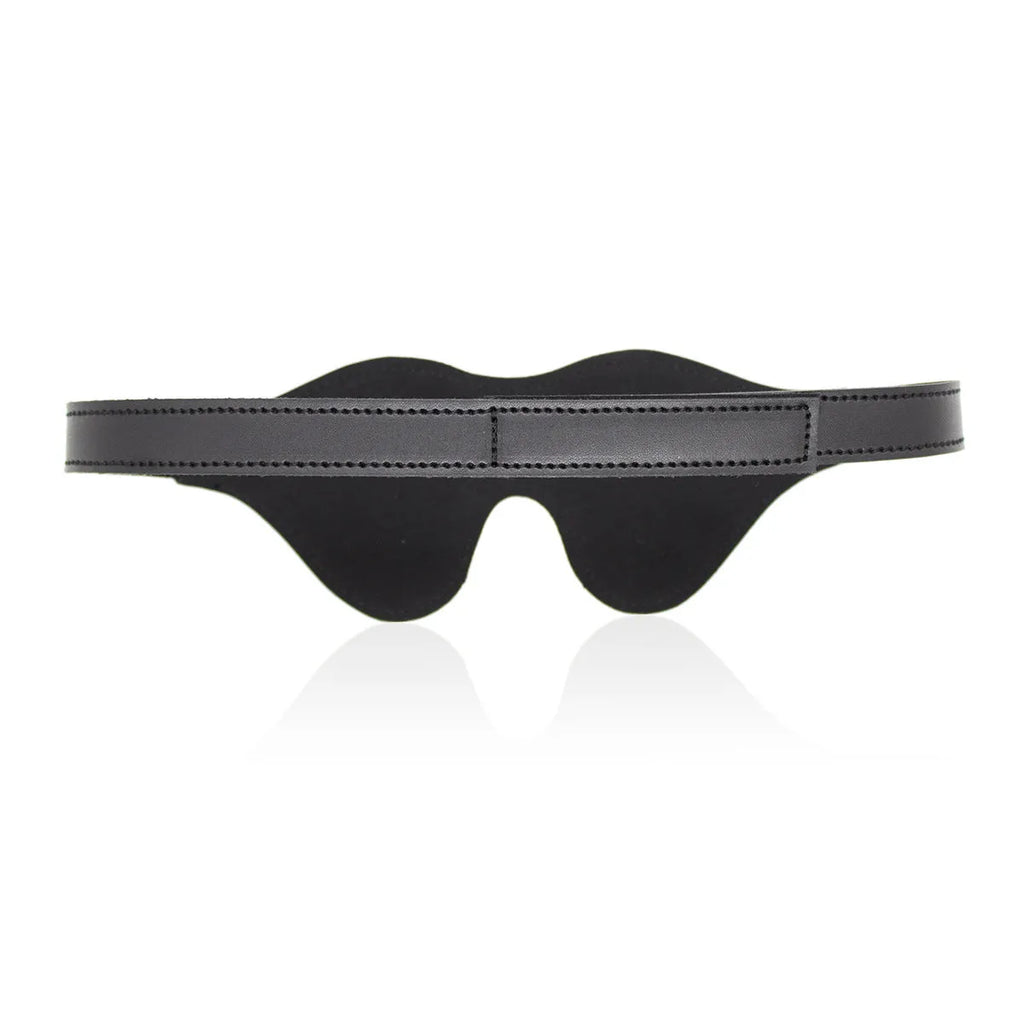Women's black PU leather three-dimensional eye mask with Velcro strap and metal buckle closure.