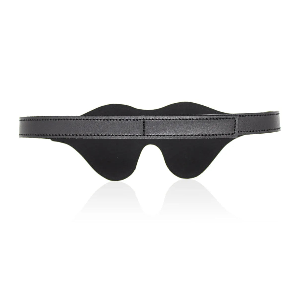 Women's black PU leather three-dimensional eye mask with Velcro strap and metal buckle closure.