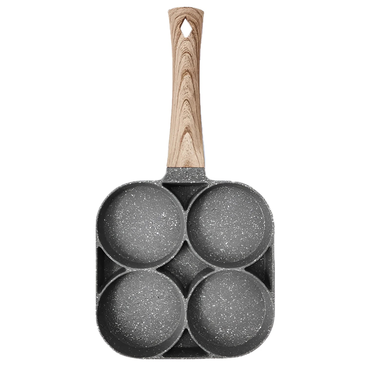 Non-stick egg dumpling frying pan in black aluminium with two holes for cooking breakfast burgers