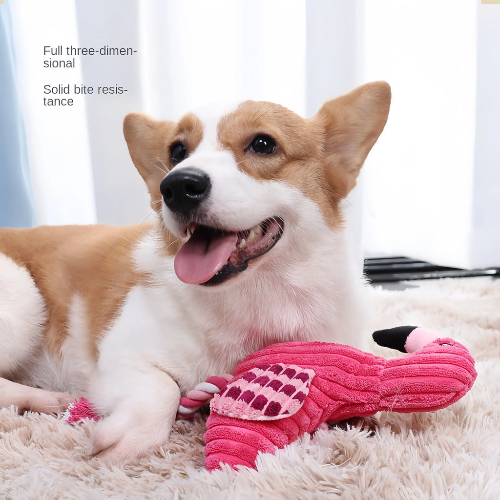 Pink animal-shaped corduroy squeaky dog toy with plush construction