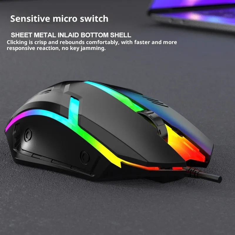 E-sports weighted wired USB gaming mouse in black on a desk