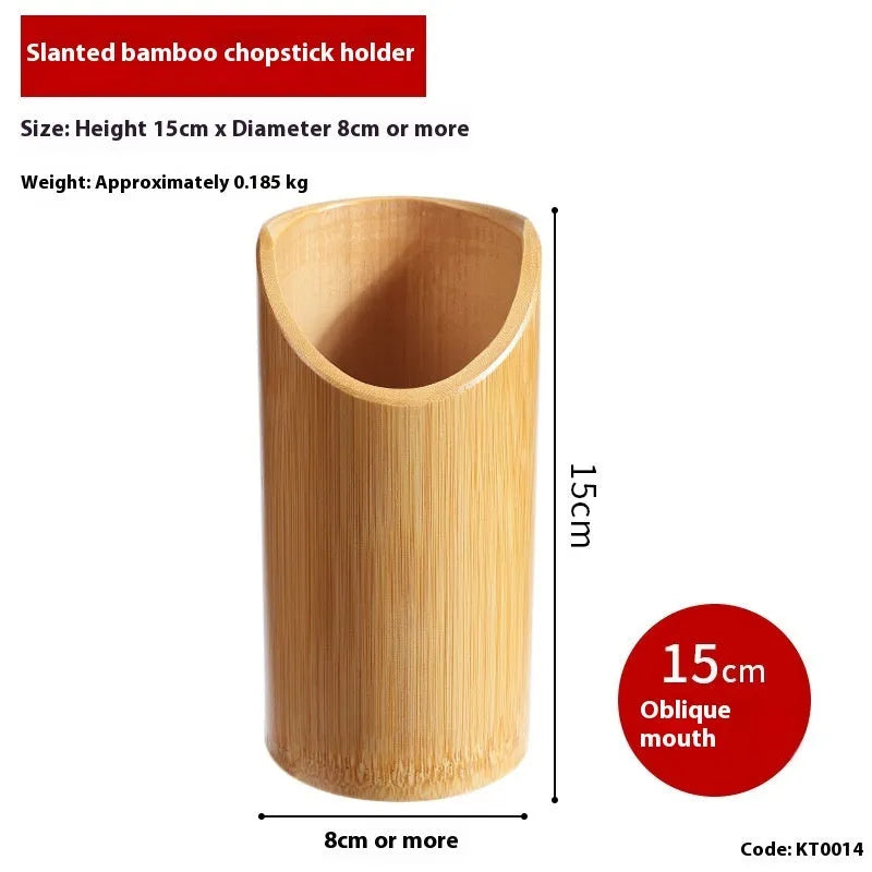 Wild bamboo chopsticks holder tube in various sizes on a wooden table.