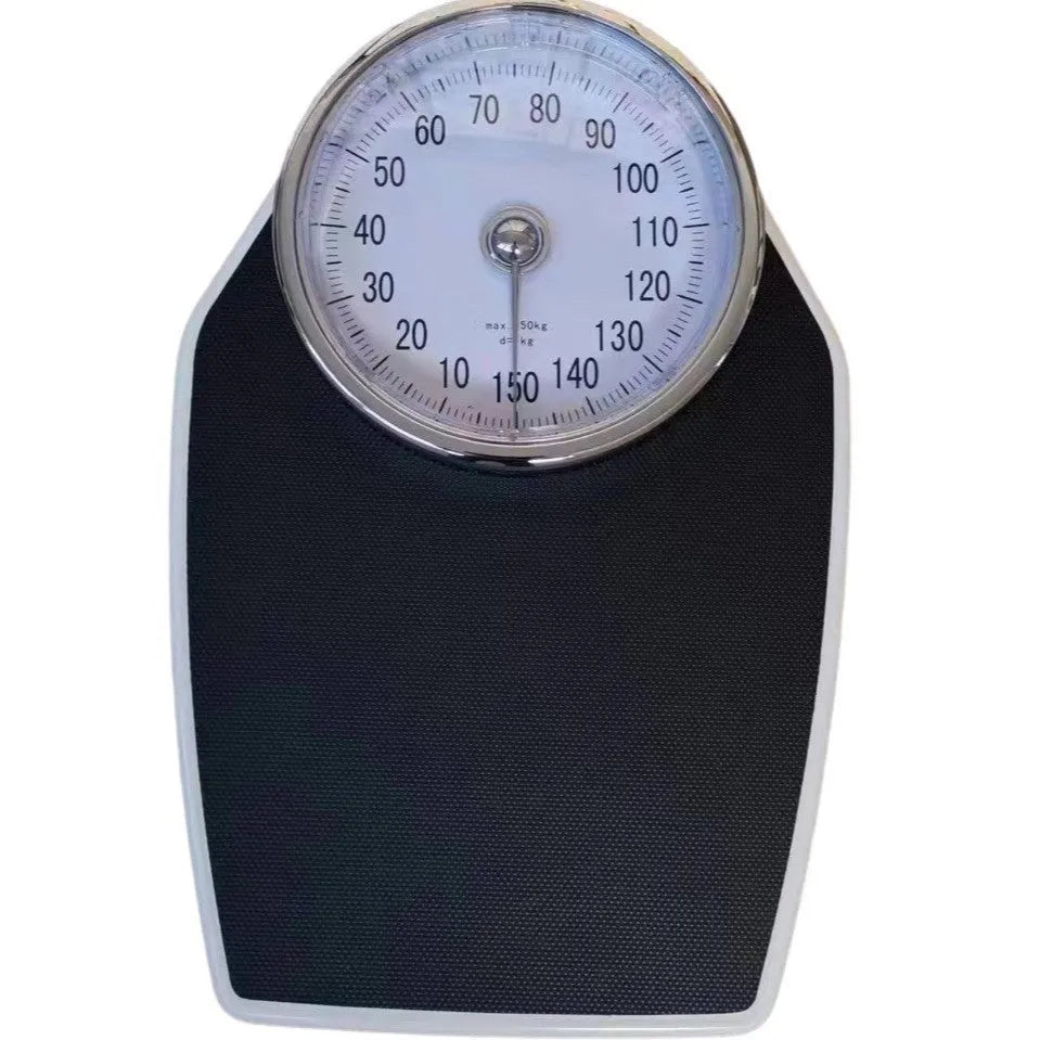 Large dial mechanical pointer body weight scale in black, 47x35x11cm, on bathroom floor
