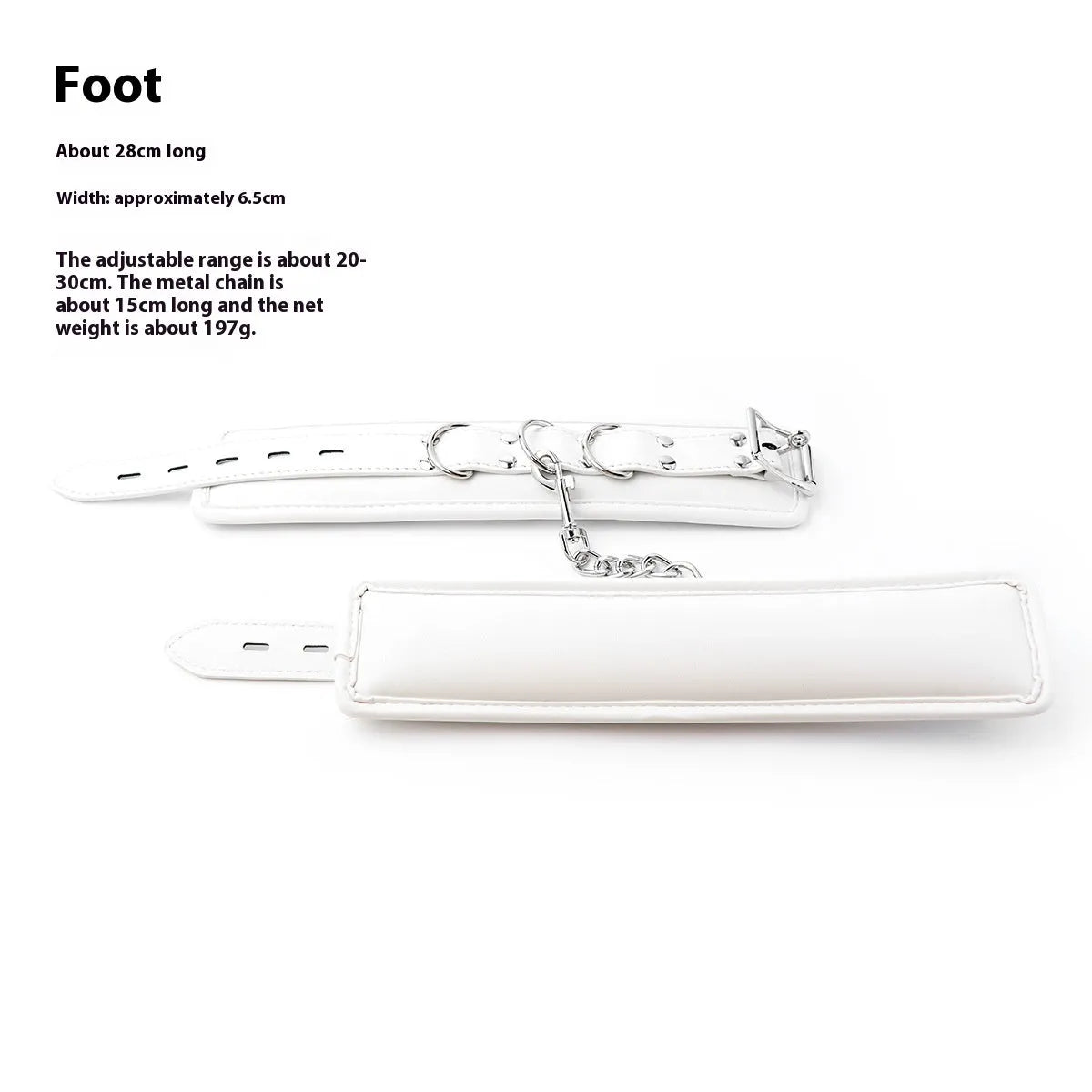 White PU sponge bondage sex toy set showing handcuffs, foot cuffs, and a neck scarf laid out.