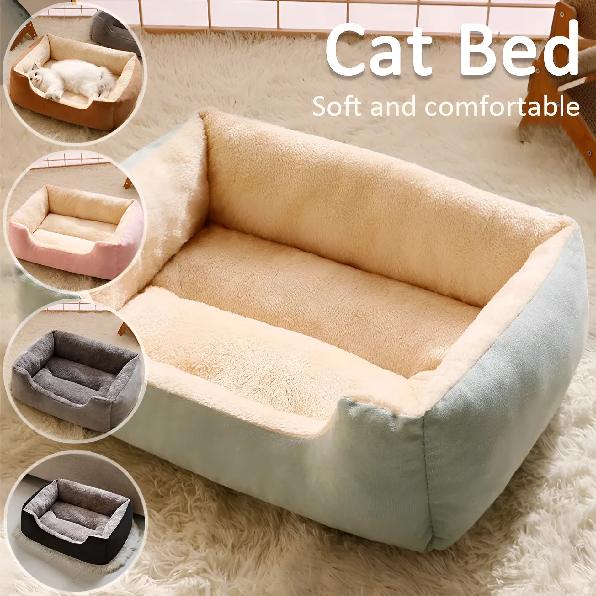 Short plush pet bed for cats and small dogs in one of five colour options