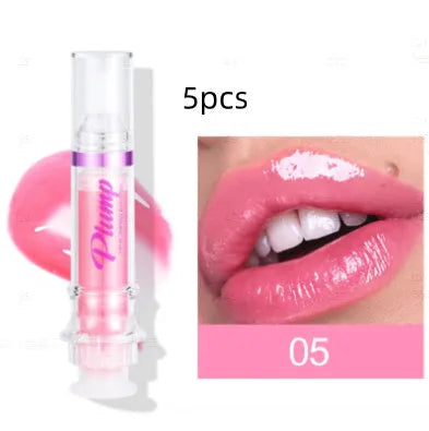 Tube of lip gloss showing shiny finish, available in six different colour shades.