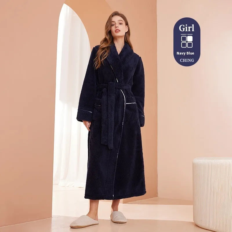 Super thick flannel couple's bathrobe in navy blue, shown on a hanger.