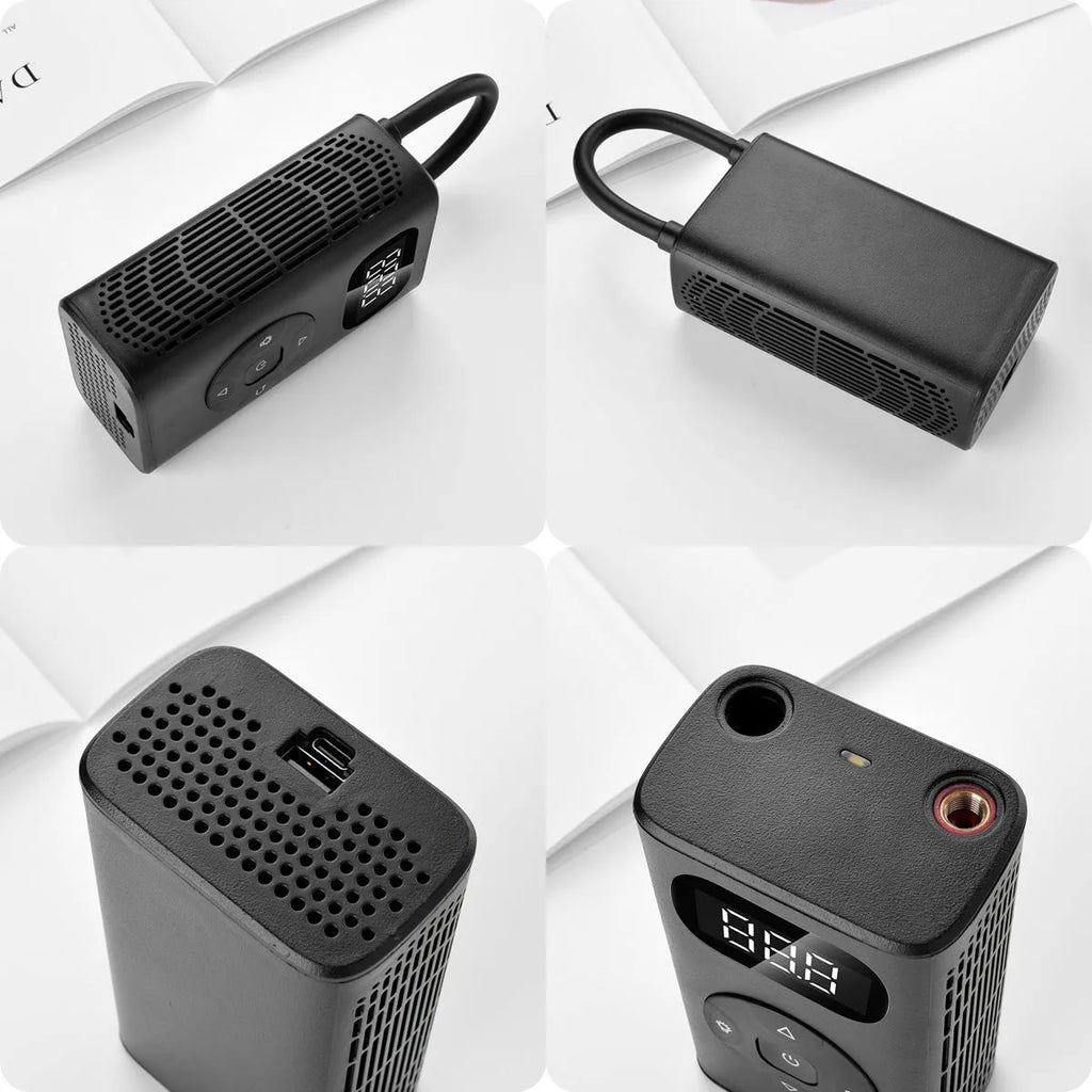 Black M09X portable air compressor power bank with digital pressure gauge and USB cable, 12x6.5x4.2cm aviation material