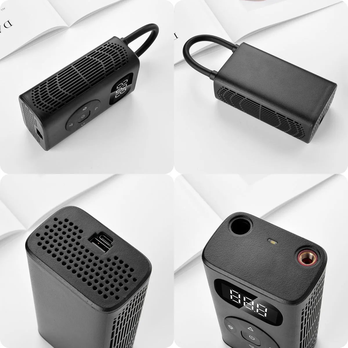 Black M09X portable air compressor power bank with digital pressure gauge and USB cable, 12x6.5x4.2cm aviation material