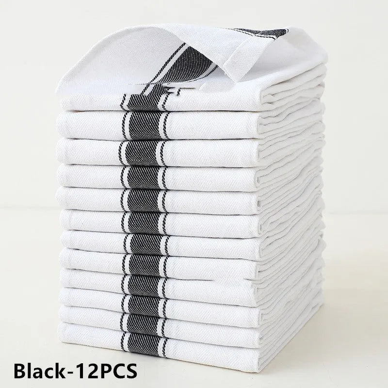 Twelve cotton dishwashing towels with striped pattern measuring 48x70cm in various colour options