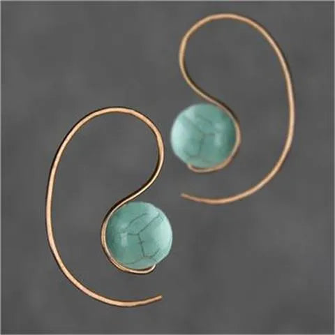 Green turquoise retro style dangle earrings with blue turquoise centrepiece on a white background