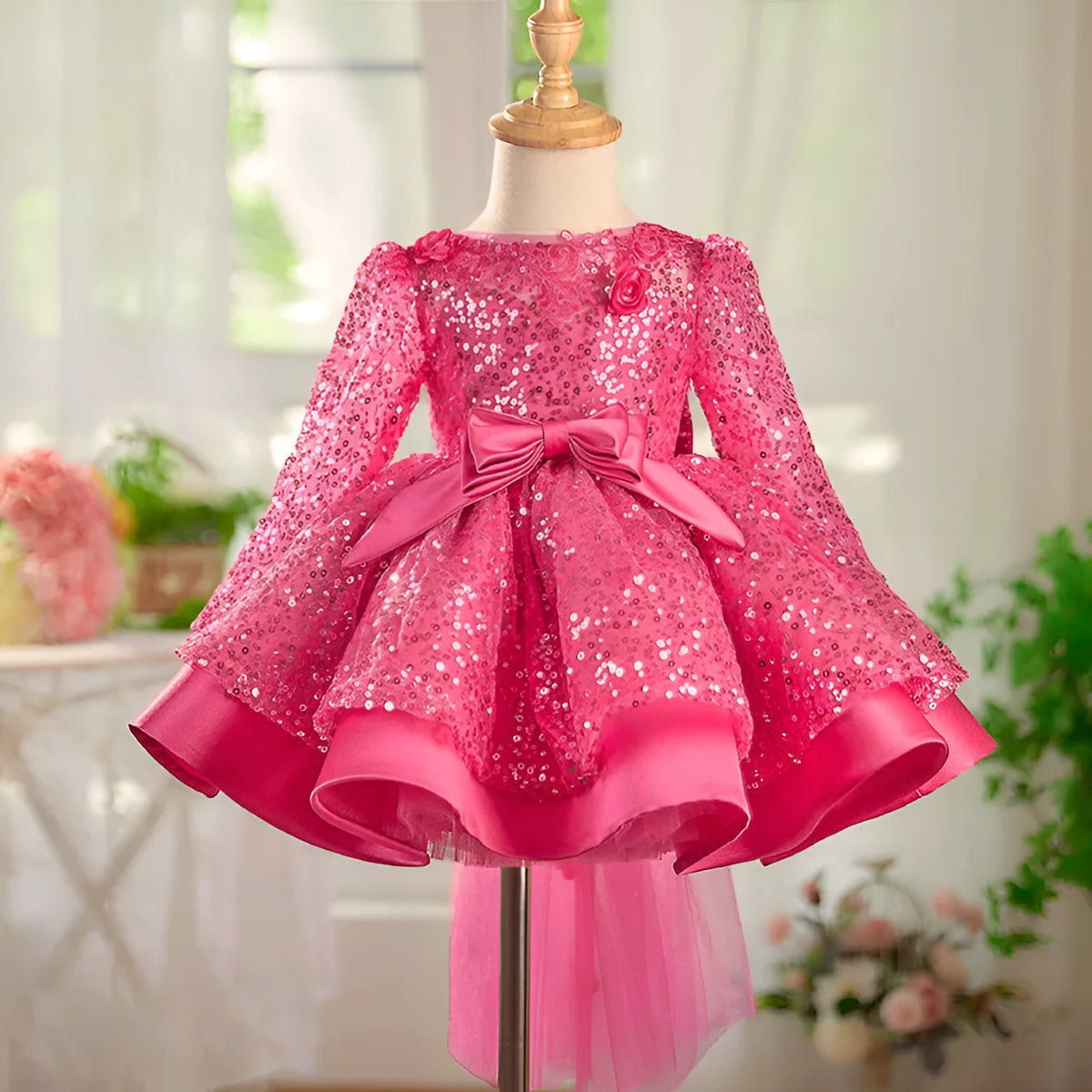 Girl's rose red sequined tulle tutu dress on child, polyester fabric, full skirt, side view