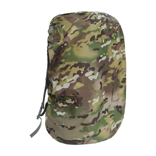 Army green waterproof backpack rain cover fitted over an 80L hiking rucksack.