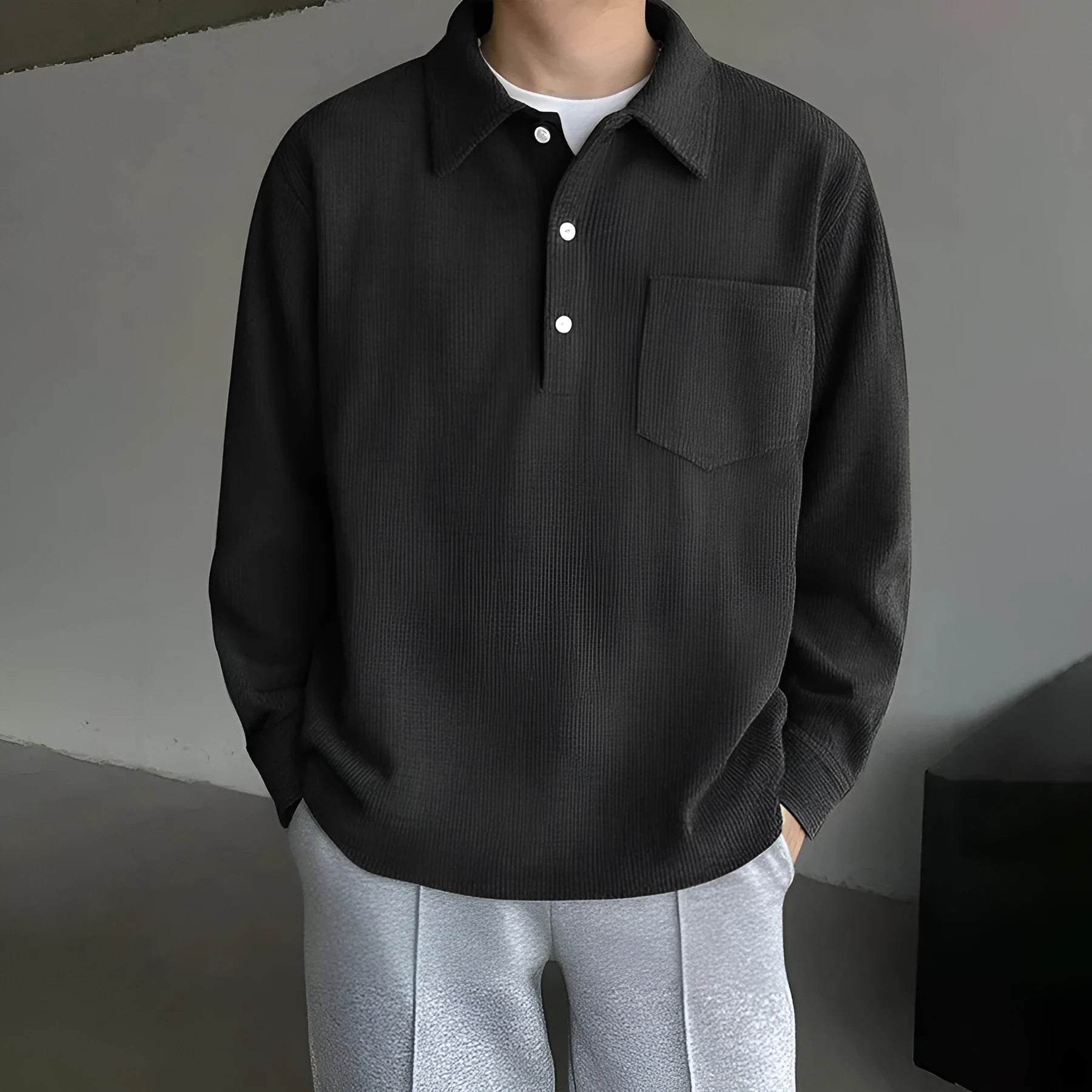 American retro casual bottoming shirt in black, loose fit polyester pullover, front view
